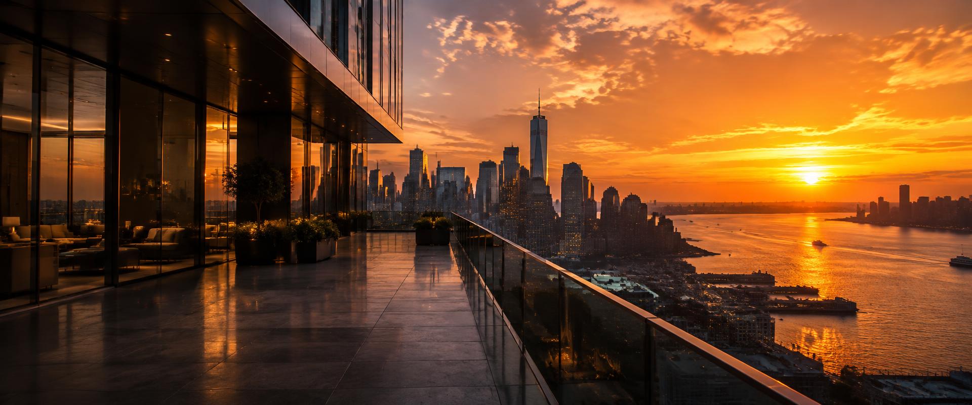 Modern commercial tower terrace overlooking a city skyline at sunset